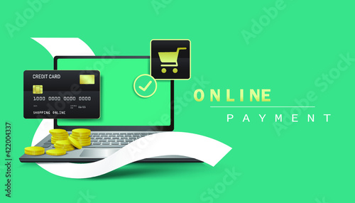 Credit card payment template for online shopping via laptop computer application for online shopping concept design,vector 3d illustration