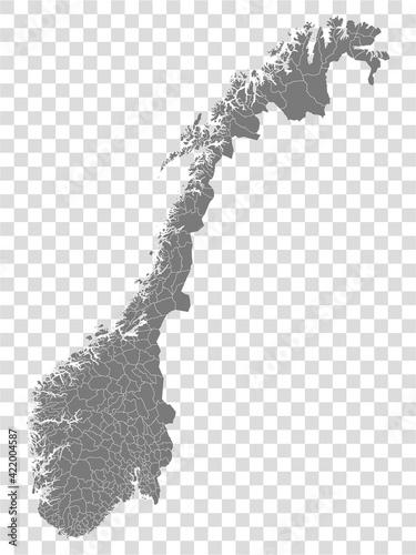 Blank map of Norway. Municipalities of Norway map. High detailed gray vector map of Norway on transparent background for your web site design, logo, app, UI. EPS10.