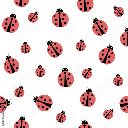 seamless pattern with ladybirds, white and pink background
