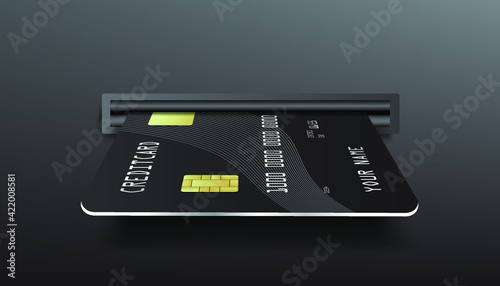 Insert the ATM card in the card insert slot,A credit card is inserted into the card insert slot for withdrawing money from the bank's ATM,3d vector for finance concept design