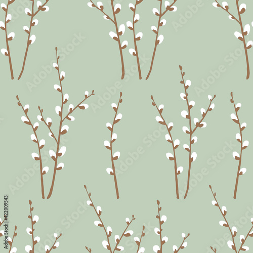 Pussy willow branches seamless pattern on green background