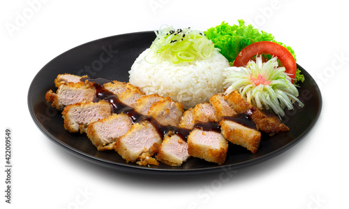 Pork Katsu deep fried served Rice recipe with kutsu sauce Japanese food