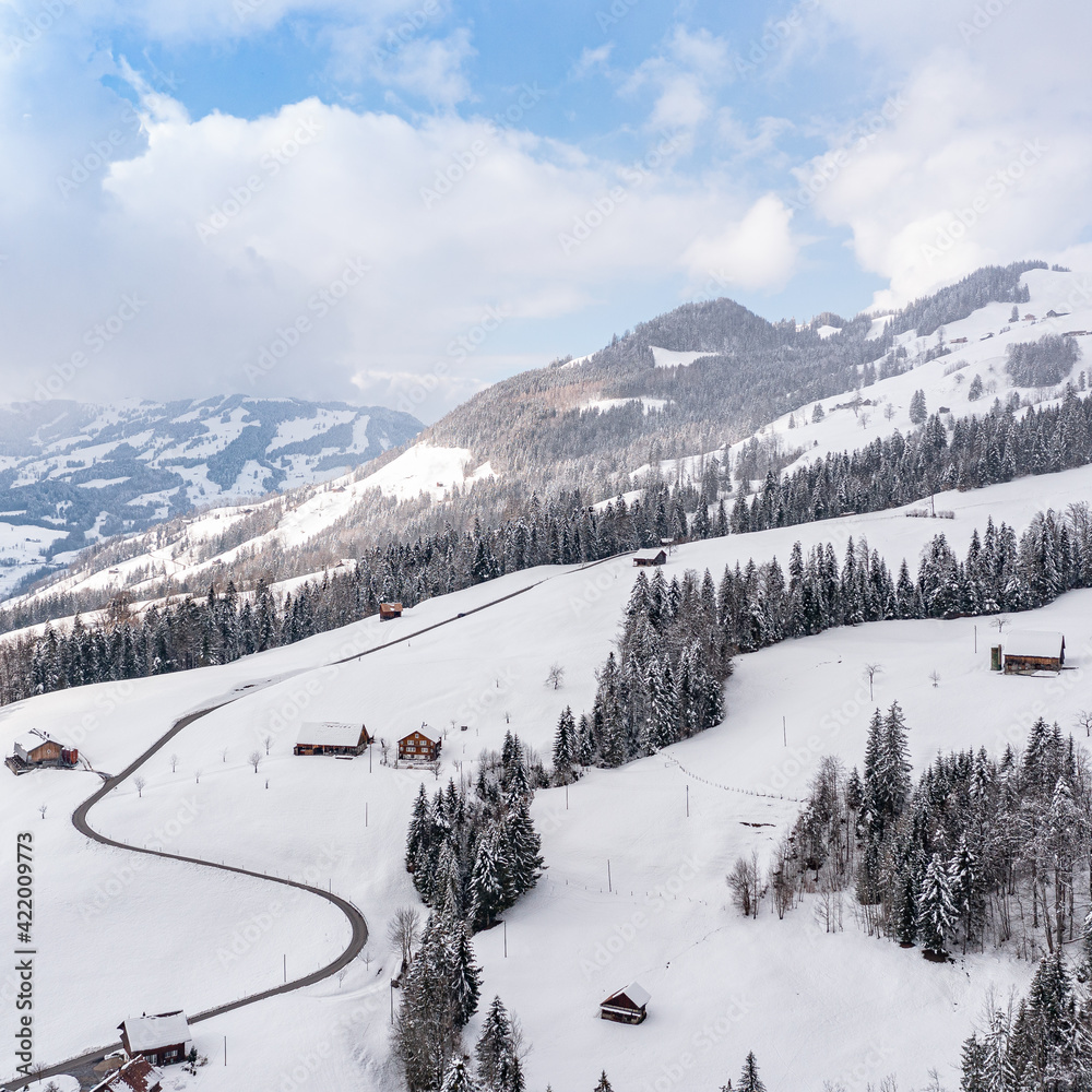 Holidays in winter in Europe. Switzerland. Canton of Schwyz. Chalet in snow drifts.