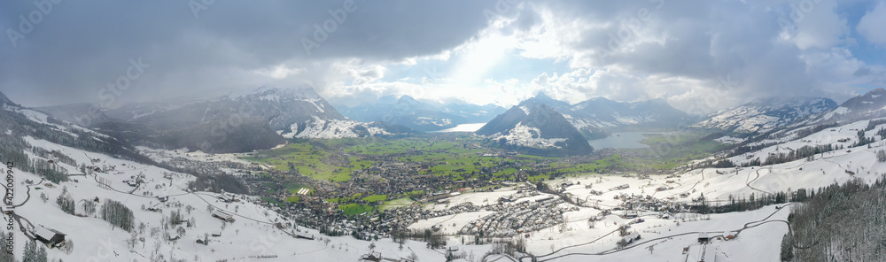 Wide panorama of the winter landscape. Canton Schwyz. Central Switzerland.