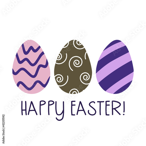 Happy easter card with egg and text. Easter illustration. Colored eggs with ornament. Flat style and soft colors.