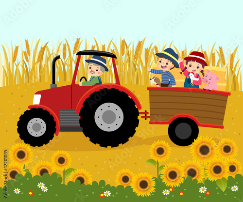 Vector illustration cartoon of happy elderly farmer driving a tractor with kids and bales of straw on a trailer with wheat flied background.