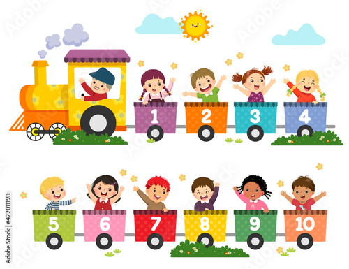 Vector illustration cartoon of happy preschool kids with the train numbers. Card for learning numbers.