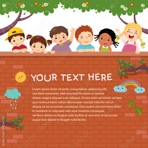Template for advertising brochure with cartoon of happy kids on the brick wall.