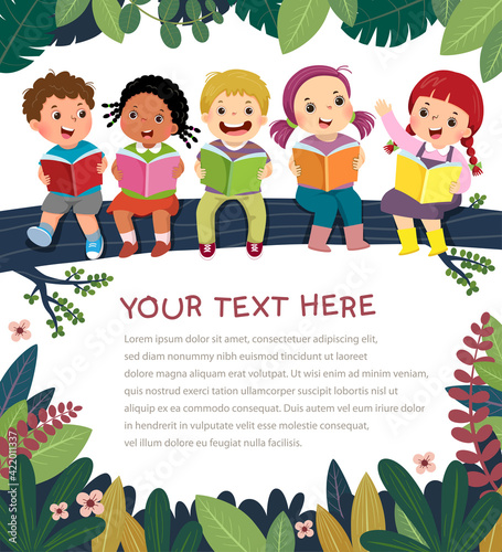 Template for advertising brochure with cartoon of happy kids on the tree branch reading book.