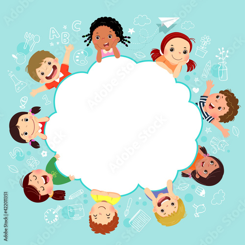 Template for advertising brochure with cartoon of happy kids with education concept.