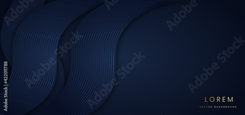 Abstract shiny wave curved lines on dark blue background. Luxury concept.
