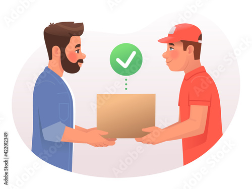 Deliveryman hands the parcel box to the customer. Courier and client. Vector illustration