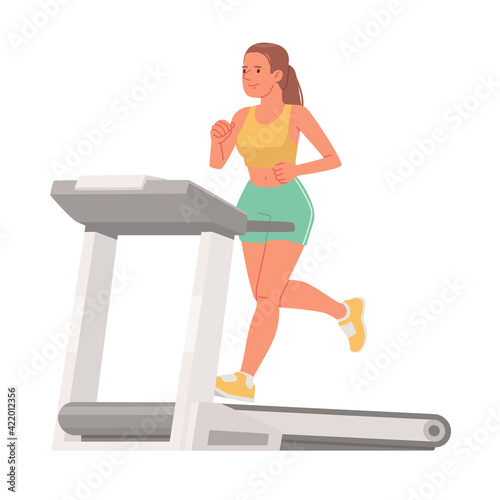 Cute woman in sportswear runs on a treadmill on a white background. Cardio workout. Vector illustration