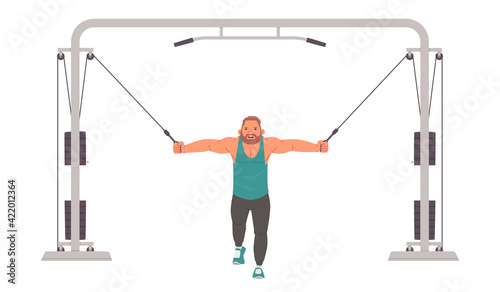 Man bodybuilder trains on a crossover training apparatus. Strength training in the gym. Vector illustration