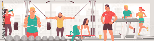 People exercising in the gym. Men and women perform strength and cardio exercises, run on a treadmill