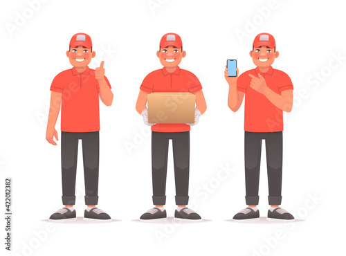 Set of a happy delivery man. The courier shows a cool gesture, holds the parcel in his hands and points to the phone