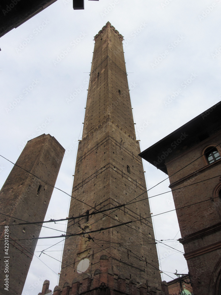 The two towers of Bologna . The Asinelli tower and the Garisenda tower . Emilia Romagna, Italy