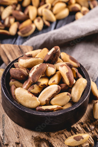 Many delicious Brazil nuts. Brazil nut, healthy food ingredient.