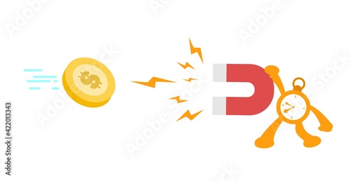 vector illustration time clock catch gold money coin use magnet flat design cartoon style