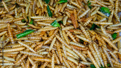 Fried worm or insects protein rich food, Bamboo crispy. for background textured. © Phongsak