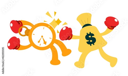 gold bag fight with time cartoon flat design illustration