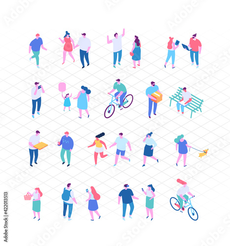Different isomeric people vector set isolated on white. Male and female characters. People outdoor activities isometric vector set