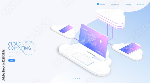 Cloud services isometric composition. Big data analysis storage business intelligence systems modern high tech isometric background connected with dashed lines
