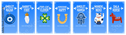 Banners good luck charms: maneki neko, horseshoe, four-leaf clover, dala horse, nazar amulet, hamsa, rabbit's foot. A set of illustrations of symbols of good luck, success, and prosperity. photo