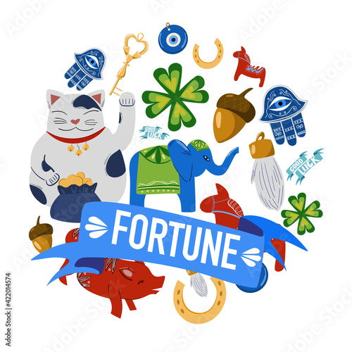Vector illustration of good fortune symbols: four-leaf clover, horseshoe, maneki neko , acorn, key, nazar and hamsa amulets. Isolated illustration with the inscription fortune.