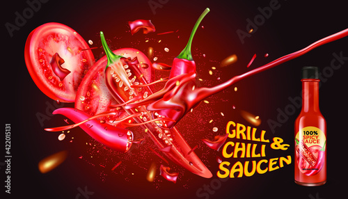 Red chili pepper with chili saucen packaging mock up splashing elements isolated on dark color background, Vector realistic in 3D illustration.