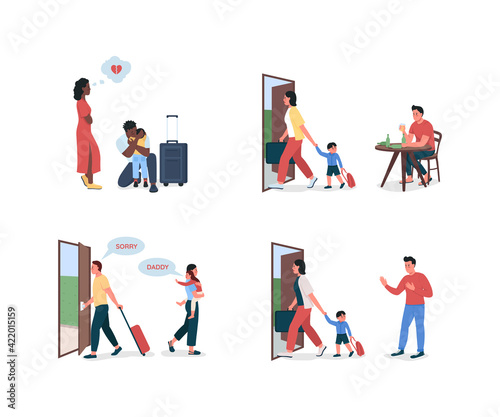 Divorcing parents flat color vector detailed character set. Mother leaving with child. Alcoholic dad. Family conflict isolated cartoon illustration for web graphic design and animation collection