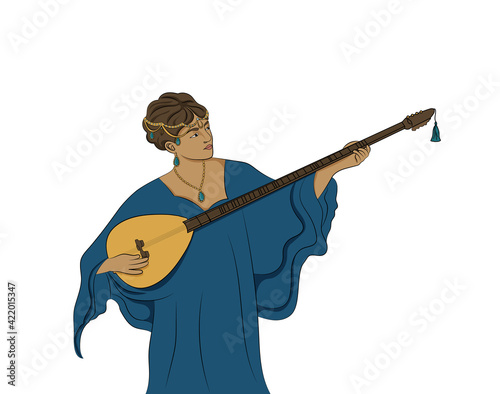 Turkish woman from the time of the ottoman empire plays baglama.