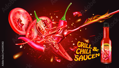 Red chili pepper with chili saucen packaging mock up splashing elements isolated on dark color background, Vector realistic in 3D illustration.