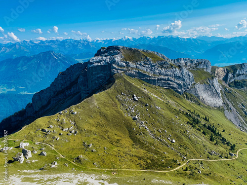 Breathtaking view of the Pilatus station in Swiss Alps in sunny summer day. Peaks of the mountains and beautiful landscape