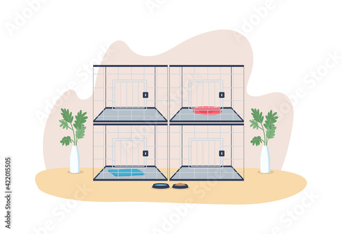 Veterinary cages 2D vector web banner, poster. Vet center. Shelter for homeless pets flat scenery on cartoon background. Center for domestic animals care printable patch, colorful web element