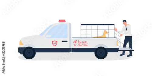 Animal control worker flat color vector faceless character. Man put dog in cage on truck. Rescuing pup. Pet rescue isolated cartoon illustration for web graphic design and animation