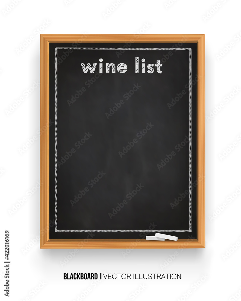 wine list for the restaurant. Menu. Chalk inscription on a dark blackboard. Chalkboard 3D. Realistic black boards in a wooden frame isolated. vector wine list for the restaurant. Menu. Chalk inscription on a dark blackboard. Chalkboard 3D. Realistic black boards in a wooden frame isolated. vector