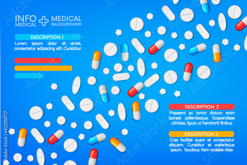 pharmacology abstract background .capsules info graphic. Painkillers, antibiotics, vitamins, amino acids, minerals, bio active additive, sports nutrition. medicament. Medical illustration