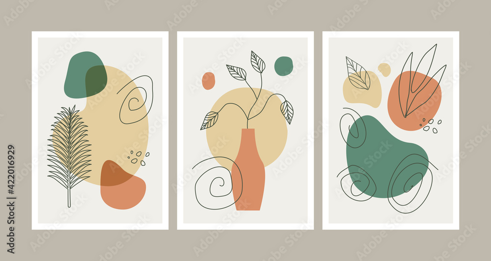 Abstract hand drawn contemporary botanical poster, flyer and wall art background set
