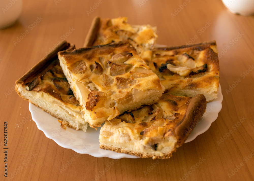 apple pie and white milk cups, school catering concept, lunch for students apple pie and white milk cups, school catering concept, lunch for students
