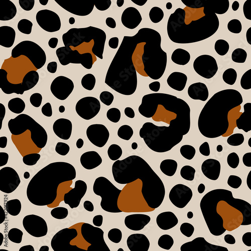 Animal print skin seamless pattern. Leopard spotted fur imitation in cartoon style