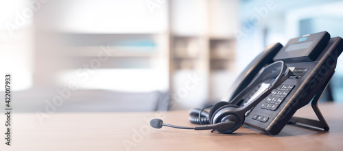 Communication support, call center and customer service help desk. VOIP headset for customer service support (call center) concept photo