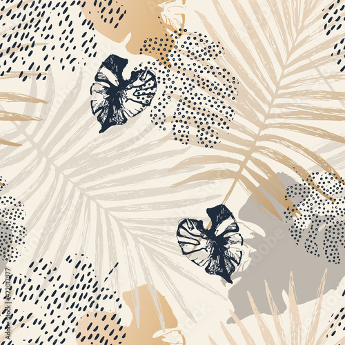 Abstract tropical summer background: fan palm, monstera, palm leaves silhouet...