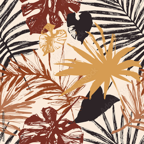 Hand drawn grunge textured tropical leaves seamless pattern. Tropical leaf si...