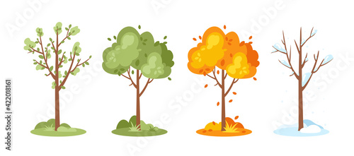 Four seasons. Vector set of spring  summer  autumn  winter trees. Seasonal tree isolated on white background. Trees with green  yellow and orange leaves for landscape background  greeting card  web