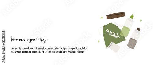 Homeopathy, naturopathy. Complementary, alternative, integrative, holistic medicine. Natural organic herb. Apothecary bottle. Vector flat cartoon illustration. Landing page, banner design, flyer