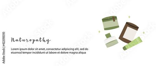 Homeopathy, naturopathy. Complementary, alternative, integrative, holistic medicine. Natural organic herb. Apothecary bottle. Vector flat cartoon illustration. Landing page, banner design, flyer