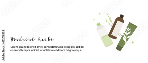 Homeopathy, naturopathy. Complementary, alternative, integrative, holistic medicine. Natural organic herb. Apothecary bottle. Vector flat cartoon illustration. Landing page, banner design, flyer