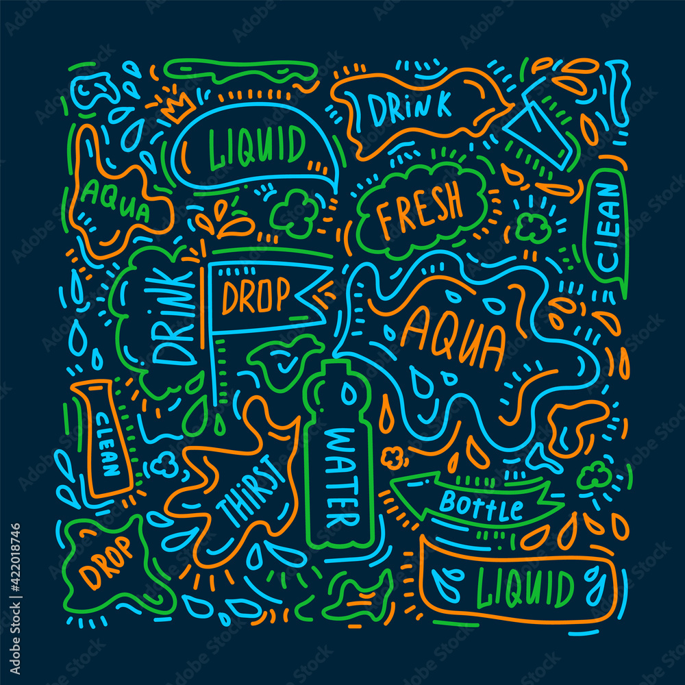 Pattern of colored letter pattern of drinking water. Vector illustration drawn by hand. Doodle with words and symbols about water. Vector illustration