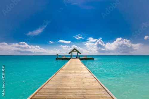 Fototapeta Naklejka Na Ścianę i Meble -  Tropical pier to paradise island beach. Amazing ocean lagoon, sea horizon under blue sky. Idyllic, meditation, inspiration scenery. Wellbeing, relaxation, positive thinking. Travel, summer wellness